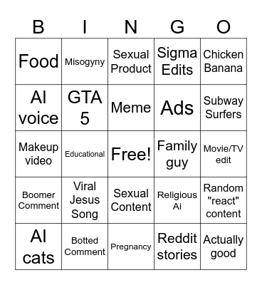 Youtube Shorts Bingo Card