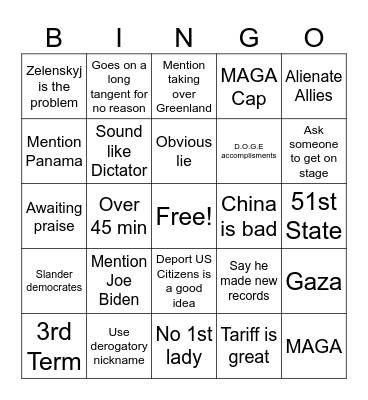 Trump Speech Bingo Card