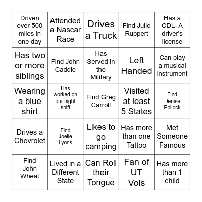 People Scavenger Hunt Bingo Card