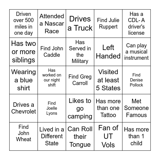 People Scavenger Hunt Bingo Card