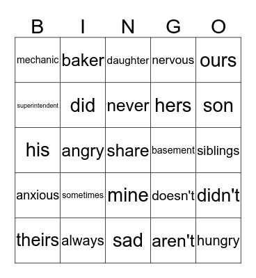 Yay for English! Bingo Card