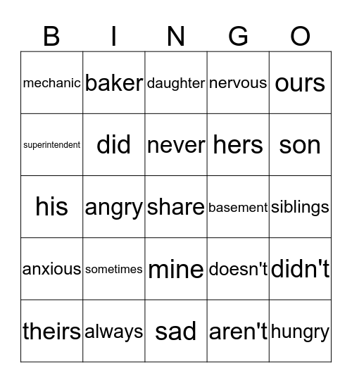 Yay for English! Bingo Card