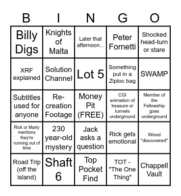 S12 E22 Curse of Oak Island 4/29/25 Bingo Card