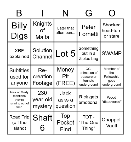 S12 E22 Curse of Oak Island 4/29/25 Bingo Card
