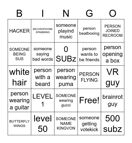 REC ROOM BINGO Card