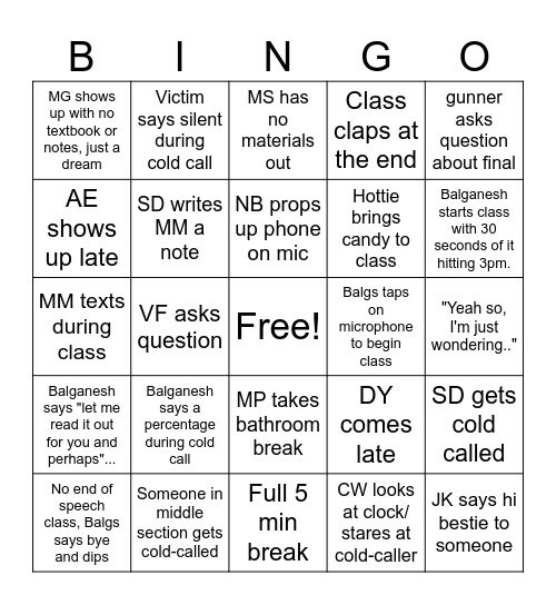 Last Property Class Bingo :) Bingo Card