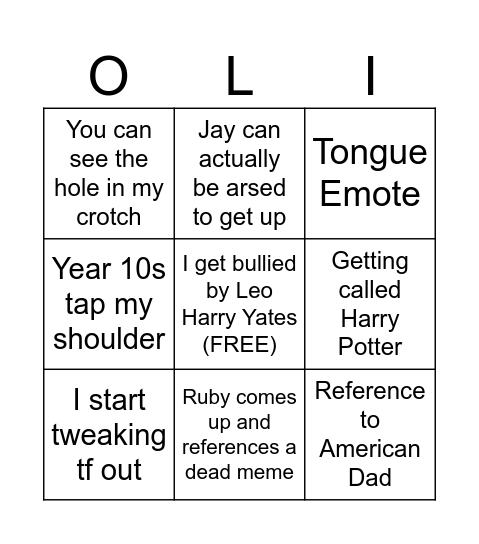 Oliver Bingo Card