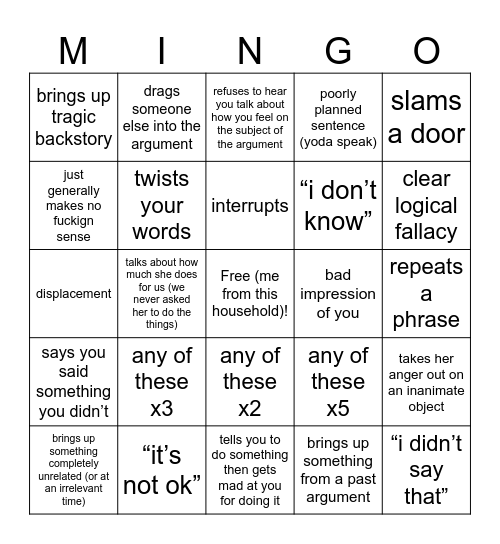 mom mad bingo Card