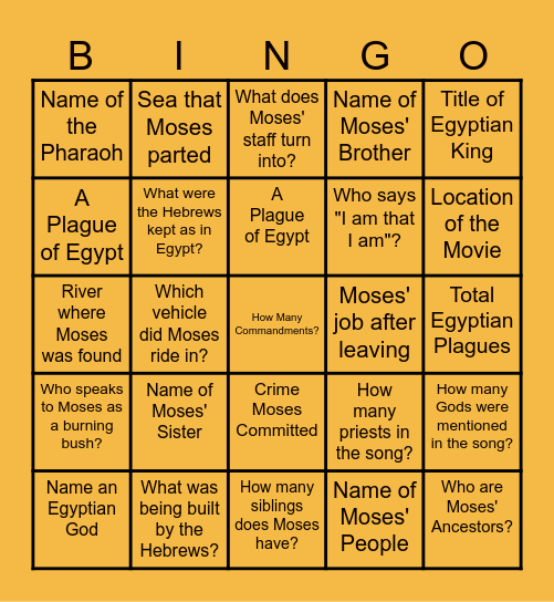 PRINCE OF EGYPT BINGO Card
