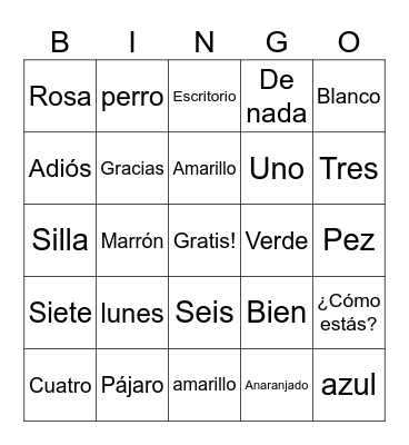 Bing en Espanol Bingo Card