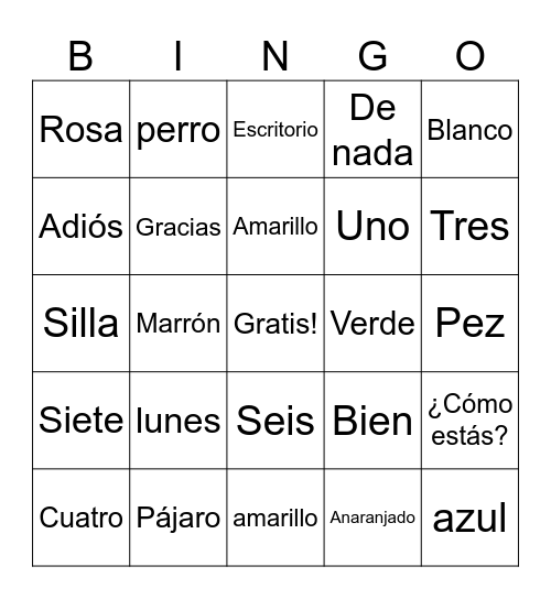 Bing en Espanol Bingo Card