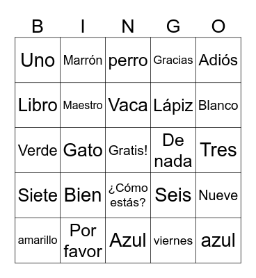 BINGO en Español Bingo Card