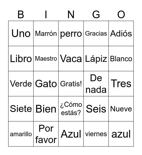 BINGO en Español Bingo Card
