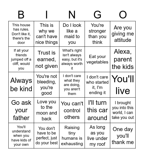 Mothers Sayings Bingo Card