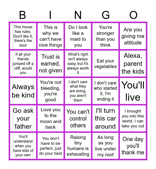 Mothers Sayings Bingo Card