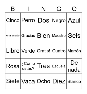BINGO en Español Bingo Card
