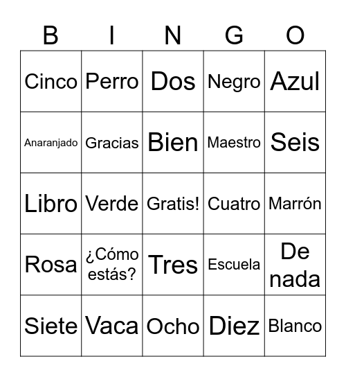 BINGO en Español Bingo Card