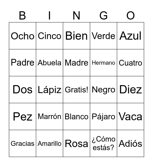 BINGO en Español Bingo Card