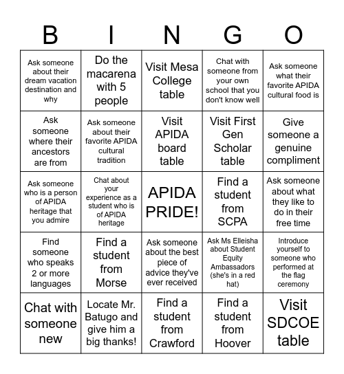 APIDA HERITAGE BINGO Card