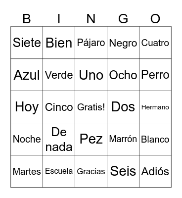 BINGO en Español Bingo Card