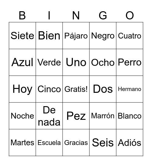 BINGO en Español Bingo Card