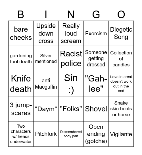 Sinners Bingo Card