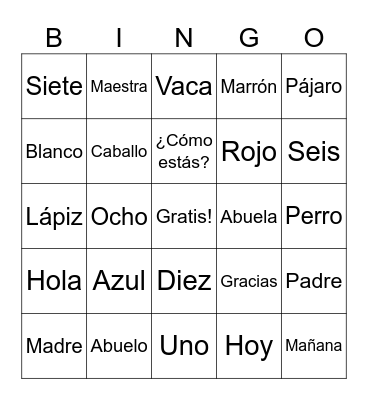 BINGO en Español Bingo Card
