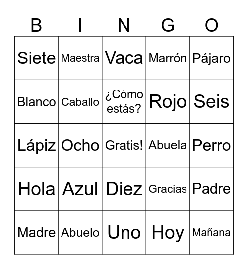 BINGO en Español Bingo Card