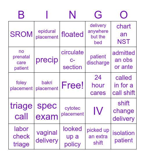 Family Birth Center Bingo Card