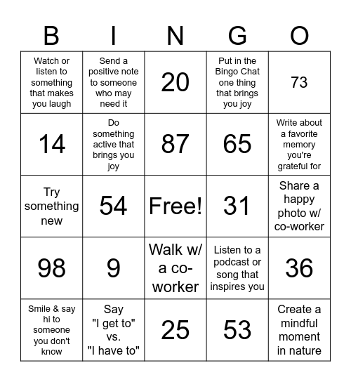 Wellness Bingo Week 3 Bingo Card