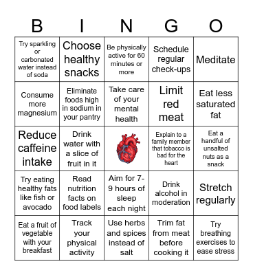 Heart Healthy Behaviors Bingo Card