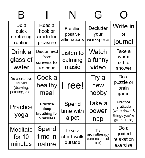Stress Management Bingo Card