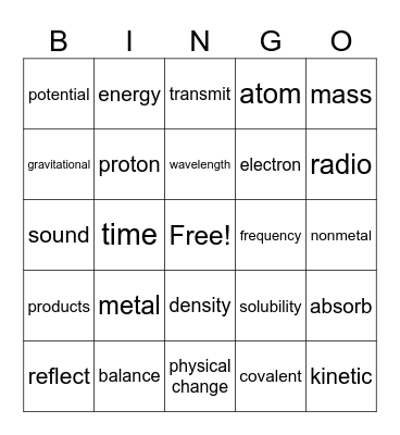 Matter, Energy, and Waves Words Bingo Card