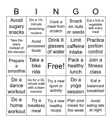 Stay Active, Eat Healthy Bingo Card