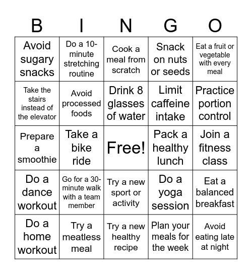 Stay Active, Eat Healthy Bingo Card