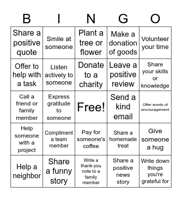 Acts of Kindness & Gratitude Bingo Card