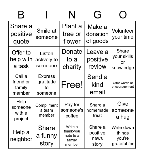 Acts of Kindness & Gratitude Bingo Card