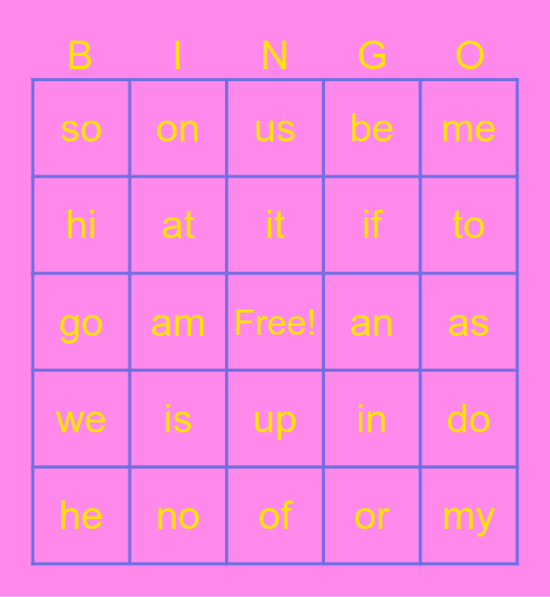 Sight Word Bingo Card