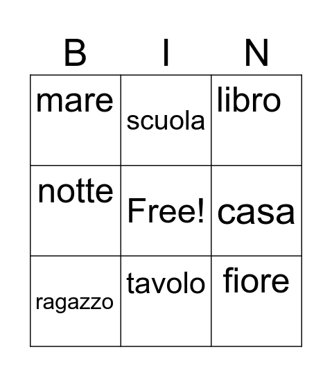 Bingo dei sostantivi Bingo Card