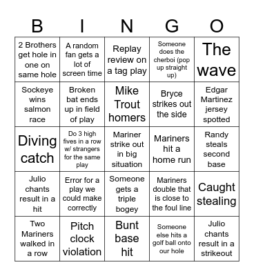 M's baseball Bingo Card