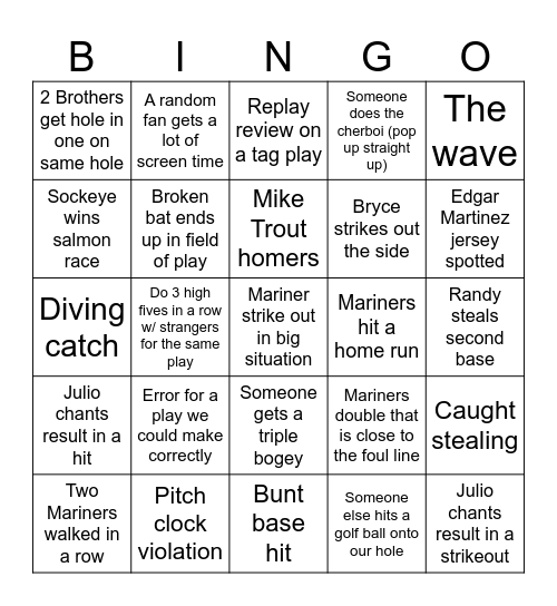 M's baseball Bingo Card