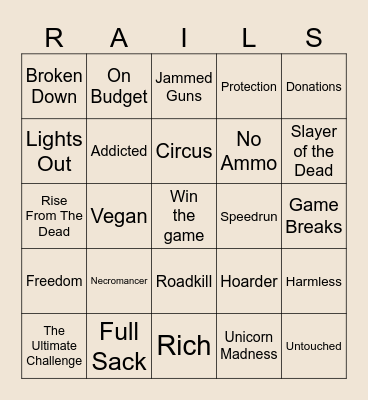 DEAD RAILS CHALLENGES Bingo Card