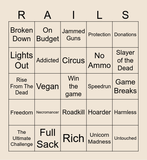DEAD RAILS CHALLENGES Bingo Card