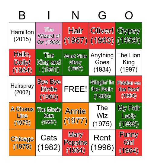 Name That Musical Bingo Card