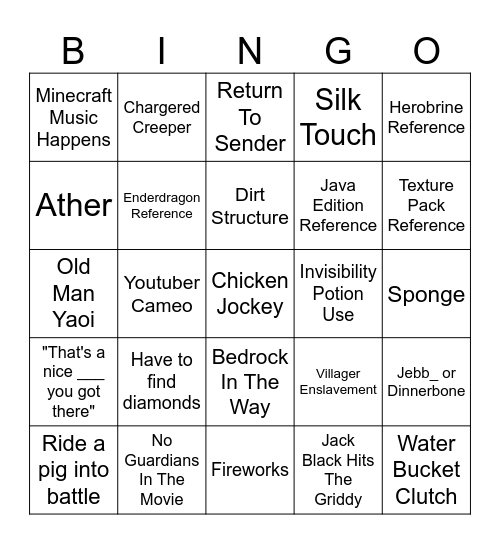 Minecraft Movie Bingo Card