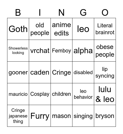 Cringe Bingo Card