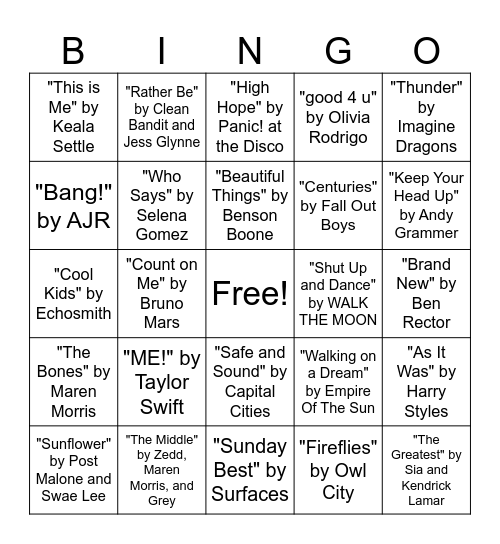Music Bingo Card