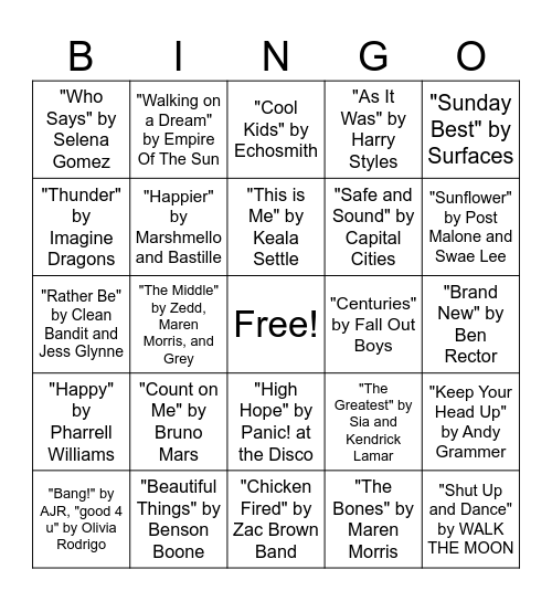 Music Bingo Card