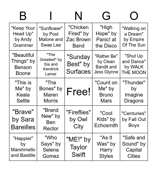 Music Bingo Card