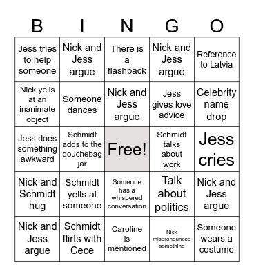 New Girl Bingo Card